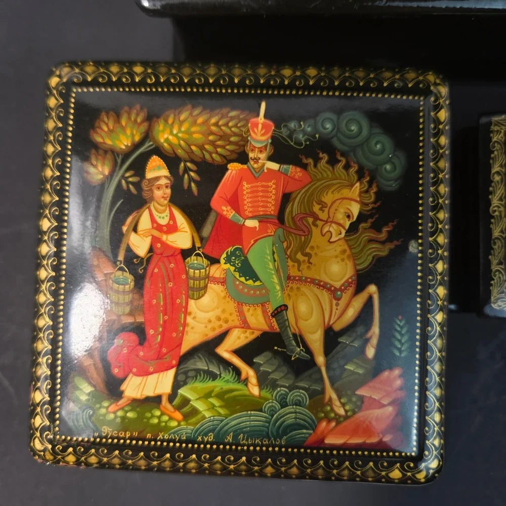 Vintage Russian Lacquer Box Lot of 4 Signed Palekh Zubov & Kholuy Art Collection